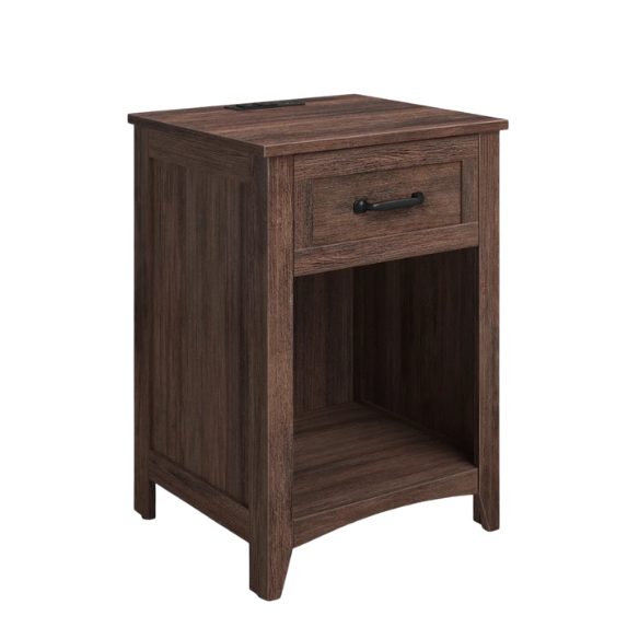 Farmhouse-Style Nightstand with Built-In Charging Station – Engineered Wood, Spacious Top, Drawer & Open Compartment, Matte Black Metal Handle, USB-A & USB-C Ports, AC Outlets, Ideal for Bedroom or Living Room
