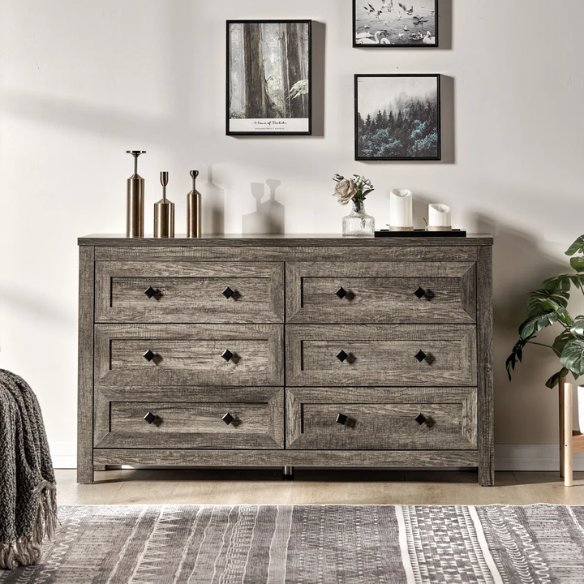6-Drawer Dresser – A Perfect Blend of Rustic Charm and Industrial Elegance, Featuring a Clean-Lined Silhouette and Weathered Finish. Crafted from Solid and Engineered Wood