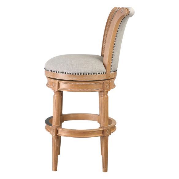 Swivel Bar-Height Stool with High Seat Back – Elegant Curved Back, 180° Automatic Return Swivel, Nail Head Trim, Metal Footrests, and Cushioned Foam Seat for Ultimate Comfort
