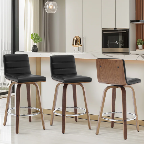 Mid-Century Modern Faux Leather Swivel Counter/Bar Stools – 360° Swivel, Padded PU Leather Seat & Back, Durable Bentwood Legs, Metal Footrest, Supports Up to 440lbs for Home Bar or Kitchen