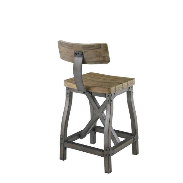 Retro Counter Stool with Back – Vintage Industrial Design, Solid Wood Seat, Antique Silver Metal Finish, and Removable Backrest for Versatile Seating