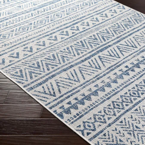 Striped Geometric Area Rug – Blue & Cream White, Durable Polypropylene, Low-Pile Design for High-Traffic Indoor/Outdoor Spaces