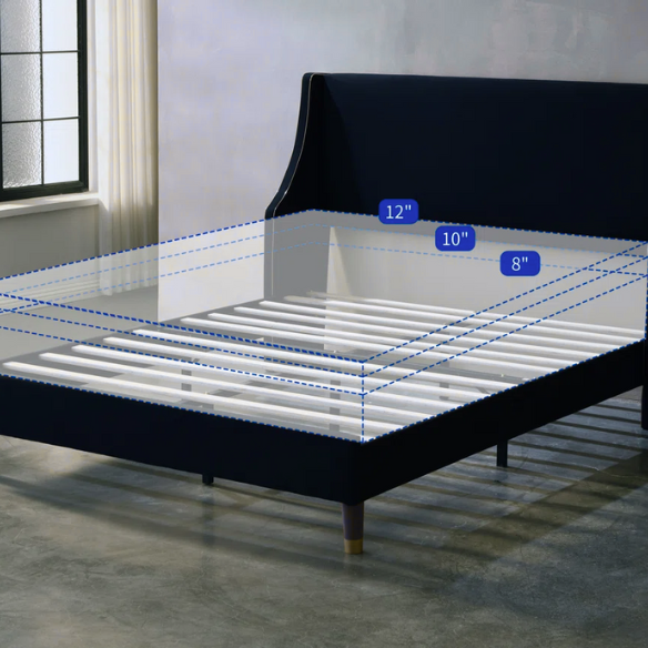 Elegant Linen Wingback Upholstered Platform Bed Frame – Luxurious Full Double Size Design with Gold Piping, Sturdy Support, and Effortless Assembly