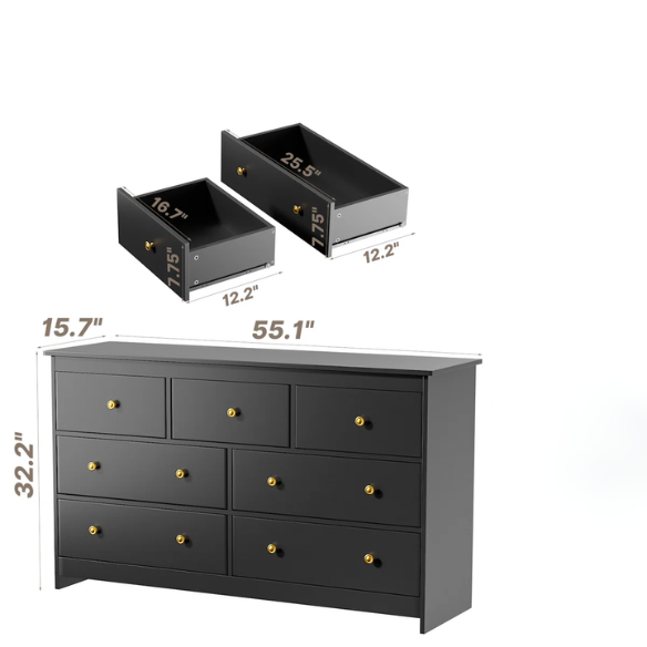 Classic & Modern 7-Drawer Dresser with Matte Wood Finish and Elegant Metal Knobs