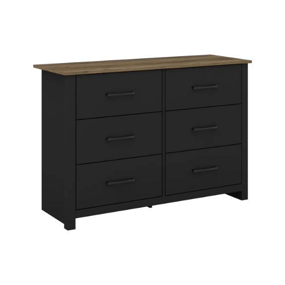 Modern 6-Drawer Double Dresser with Flared Feet and Sleek Black Metal Handles