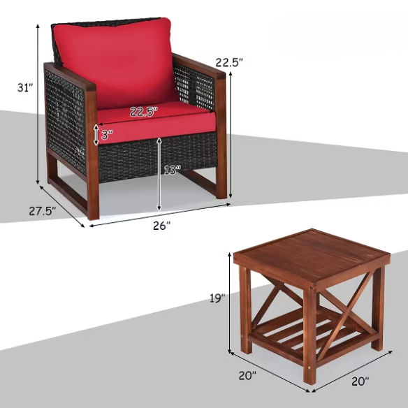 3-Piece Patio Wicker Furniture Set | Rattan Outdoor Sofa with Washable Cushions and Acacia Wood Coffee Table | Perfect for Garden and Backyard