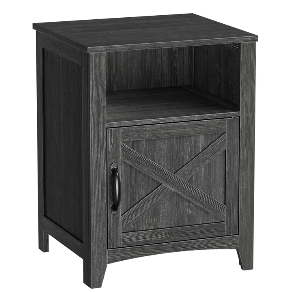 Farmhouse Nightstand with Cabinet & Open Compartment – Rustic Bedside Table, Distressed Finish, Barn Door Style, Matte Black Metal Handles, Flared Legs, Versatile Storage for Bedroom or Living Room