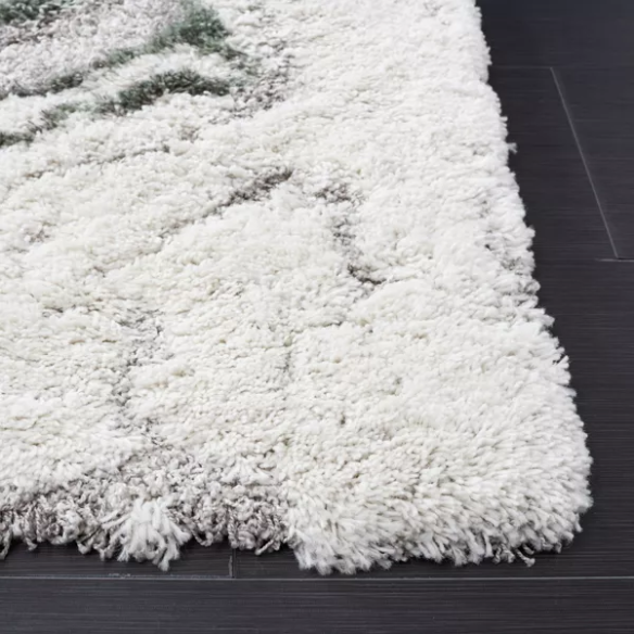 Plush Abstract Green, Grey, and White Pattern Shag Rug