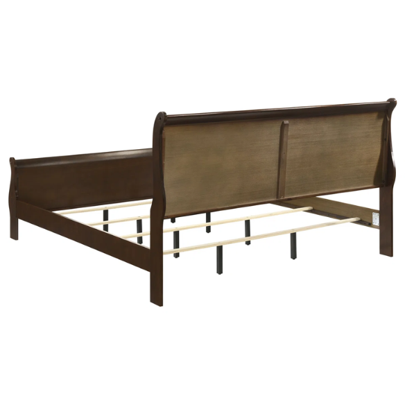 5-Piece Bedroom Set – Traditional Style with Flared Headboard, Dovetail Construction, Silver Bail Handles, and Spacious Storage – Crafted from Select Hardwoods and Veneers in a Warm Cappuccino Finish – Includes Bed, Nightstand, Dresser, Chest, and Mirror