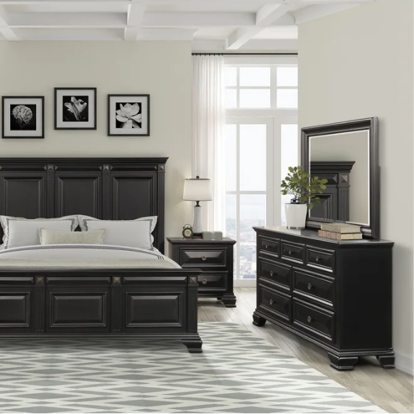 Timeless Vintage Black Wood 6-Piece Traditional Bedroom Set with Double-Panel Bed, Silvertone Accents, and Fluted Pilasters