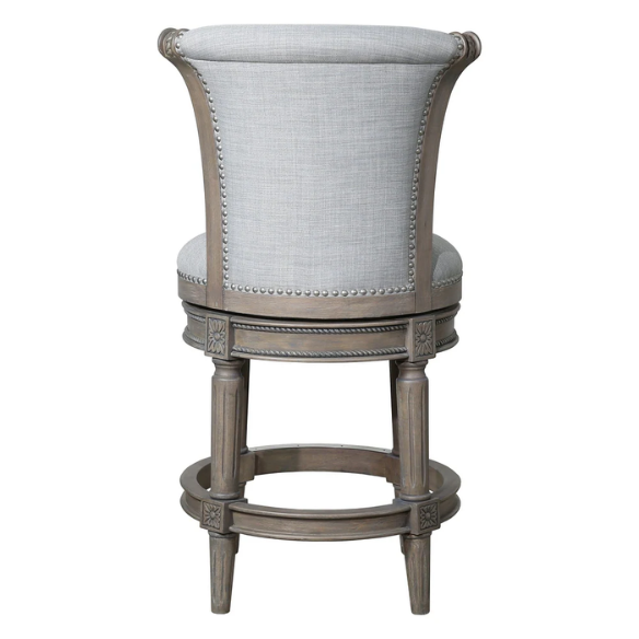 Swivel Bar-Height Stool with High Seat Back – Elegant Curved Back, 180° Automatic Return Swivel, Nail Head Trim, Metal Footrests, and Cushioned Foam Seat for Ultimate Comfort