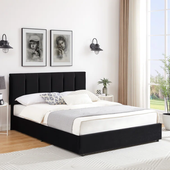 Velvet Upholstered Queen Size Platform Bed with Adjustable Headboard and 4 Storage Drawers