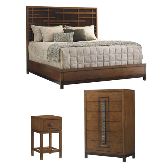 Solid Wood Standard Configurable Bedroom Set – Elegant Pan-Asian Fretwork Headboard with Dark Walnut Accents, Contrasting Back Panel, and Stylish Side Rails and Feet – Timeless Design for a Sophisticated Bedroom