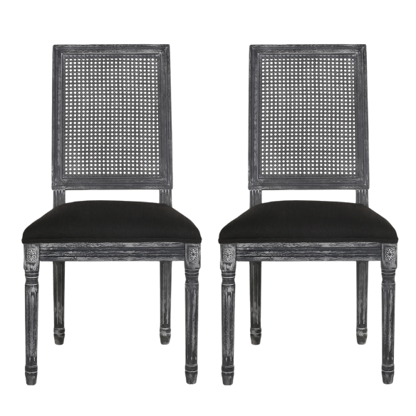 French Country Wood and Cane Upholstered Dining Chairs – Weathered Rubberwood Frame with Fluted Legs & Rectangular Cane Backrest