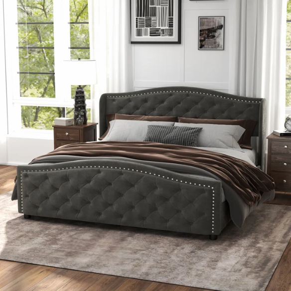 Luxurious King Size Velvet Upholstered Platform Bed with Tufted Camelback Headboard, Nailhead Trim, and 4 Built-In Storage Drawers – Stylish and Functional Bedroom Upgrade