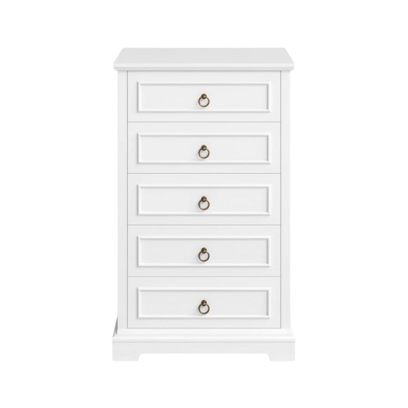 French Country-Inspired 5-Drawer Chest with Metal Ring Handles, Paneled Detailing, and Classic Crown Molding