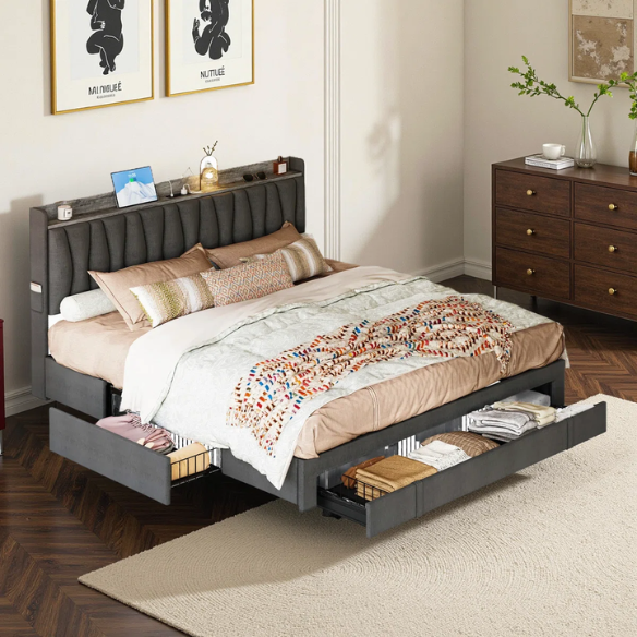 Modern Upholstered King Size Bed Frame with 3 Storage Drawers, Soft Foam Headboard, and Built-in Charging Station