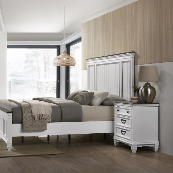 Modern Farmhouse 5-Piece Wood Bedroom Set with Shiplap Detailing, Weathered White Finish, and Black Finished Hardware