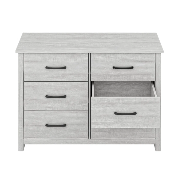 Modern 6-Drawer Double Dresser with Flared Feet and Sleek Black Metal Handles