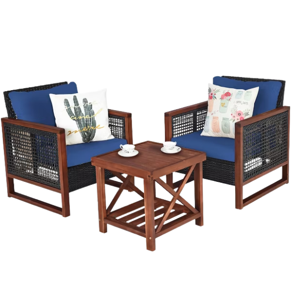 3-Piece Patio Wicker Furniture Set | Rattan Outdoor Sofa with Washable Cushions and Acacia Wood Coffee Table | Perfect for Garden and Backyard