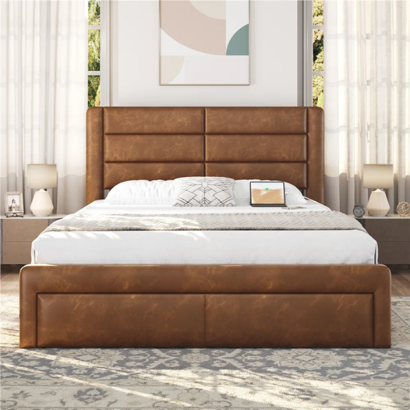 King Size Vegan Leather Metal Platform Storage Bed with 3 Drawers, Tufted Headboard, and Built-In USB Ports – Modern Design for Ultimate Comfort and Convenience
