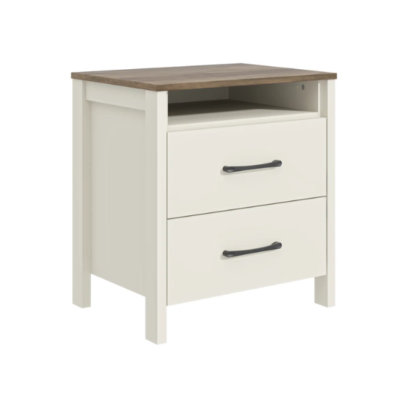 22.7" 2-Drawer Nightstand – Space-Saving Modern Minimalism, Engineered Wood with Clean-Lined Silhouette, Neutral Finish, Open Cubby & 2 Spacious Drawers for Bedroom Storage, Ideal for Tech & Accessories