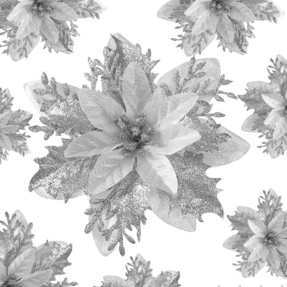 Silver Glitter Poinsettia Christmas Flowers – Elegant Artificial Holiday Décor (5 Pieces)