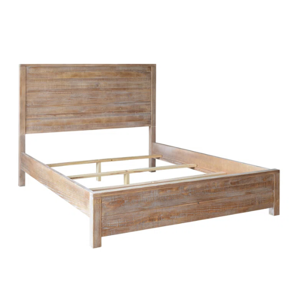 Rustic Solid Pine Wood King Size Panel Bed with Distressed Finish and Streamlined Headboard