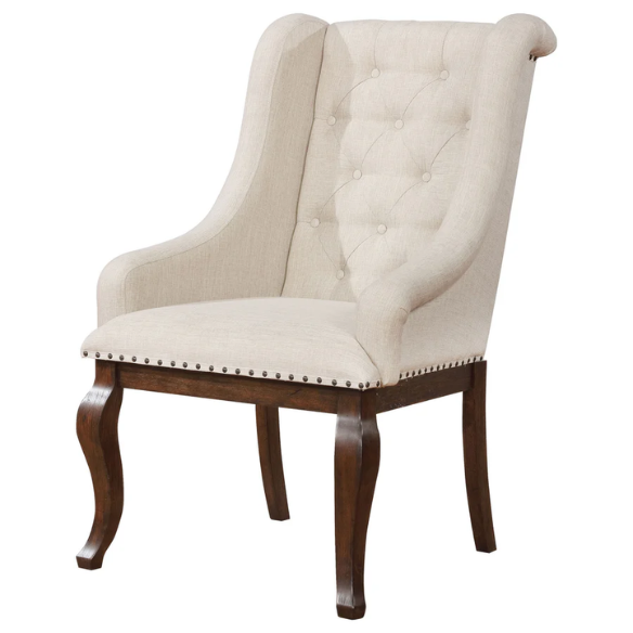 Beige Button Tufted Upholstered Arm Chairs with Dark Brown Wooden Legs (Set of 2) – Elegant Accent Dining or Lounge Seating