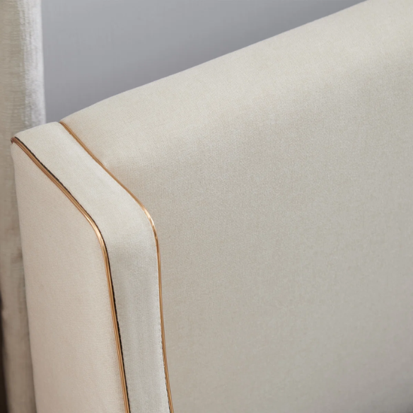 Elegant Linen Wingback Upholstered Platform Bed Frame – Luxurious Full Double Size Design with Gold Piping, Sturdy Support, and Effortless Assembly