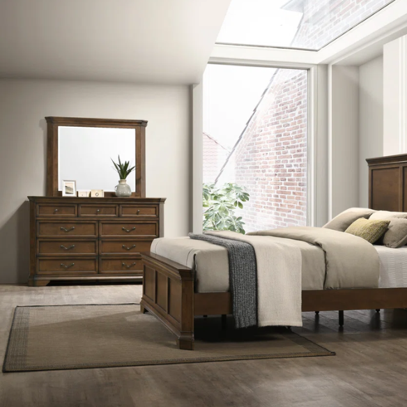 Classic Traditional Wood Queen Panel Bed with Dresser, Mirror, and Two Nightstands in Antique Walnut Finish