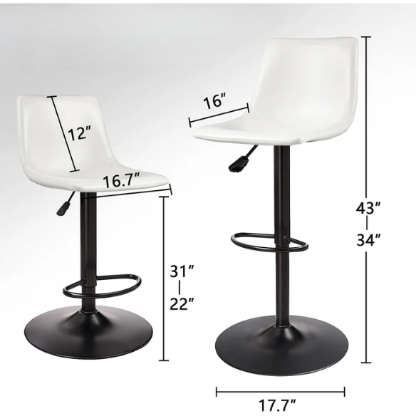 Set of 2 Adjustable Height Swivel Bar Stools with Back – Mid-Century Modern Design, Polished Chrome Base, Ergonomic Imitation Leather Seat, 360° Rotation for Kitchen Island or Bar