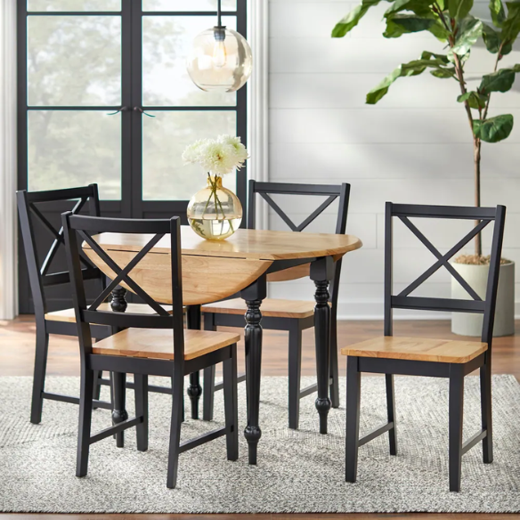 5-Piece Dining Set – Two-Tone Round Table with Drop Leaves & Cross-Back Chairs