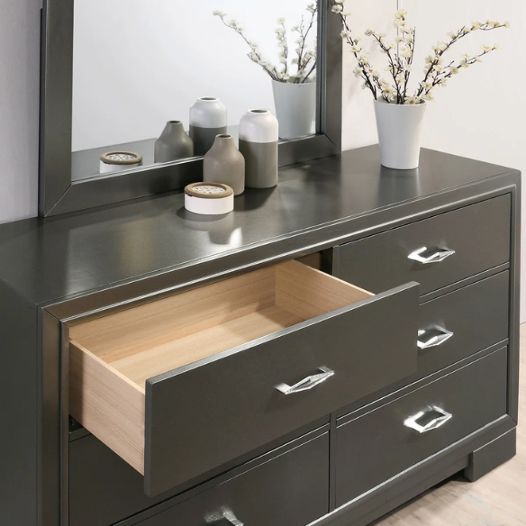 Contemporary 6-Piece Queen Bedroom Set in Solid Grey with LED-Illuminated Headboard, Textured Panels, and Eco-Friendly Rubberwood Construction