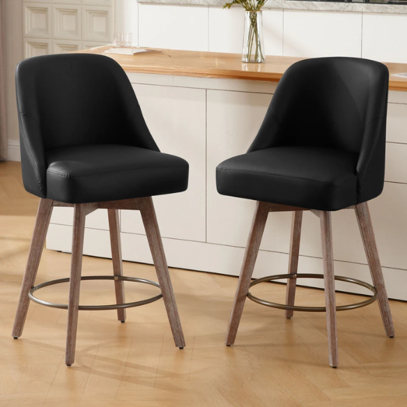 Modern Counter Height Swivel Bar Stool – Upholstered Faux Leather/Polyester Blend Seat, Solid Beech Wood Frame, Ergonomic High Back, Bronze Metal Footrest, 300lb Capacity for Kitchen, Bar, or Pub