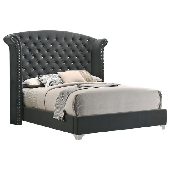 Luxurious 5-Piece Tufted Upholstered Bedroom Set with Wingback Headboard, Nailhead Trim, Velvet Fabric, Dresser, Chest, Nightstand, and Mirror for a Grand and Elegant Sleep Sanctuary