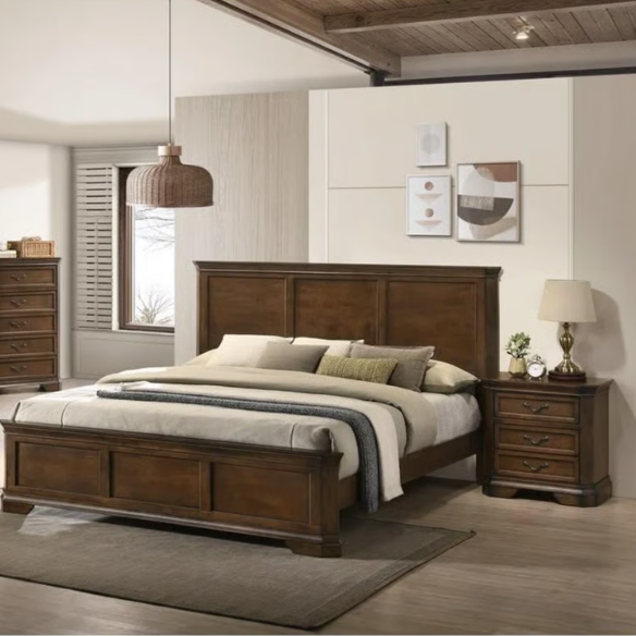 Traditional Wood Panel Bedroom Set with Dresser, Mirror, Nightstand, and Chest in Antique Walnut Finish