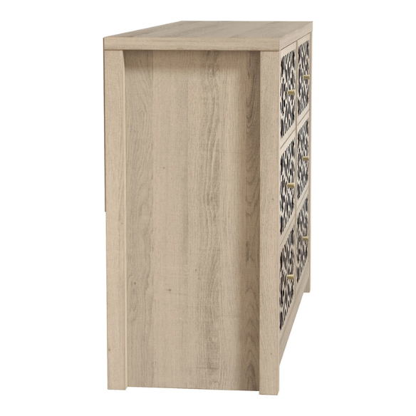 Boho-Inspired 45.4" 6-Drawer Dresser with Distressed Finish and Openwork Floral Details