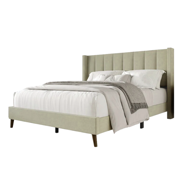 Queen Size Upholstered Wingback Bed with Soft Polyester Fabric – Elegant and Modern Design