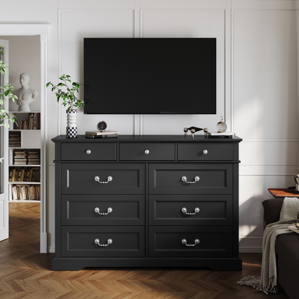 Rustic Modern 9-Drawer 53.5'' Double Dresser with Inset Paneling, Crown Molding, and Customizable Metal Handles