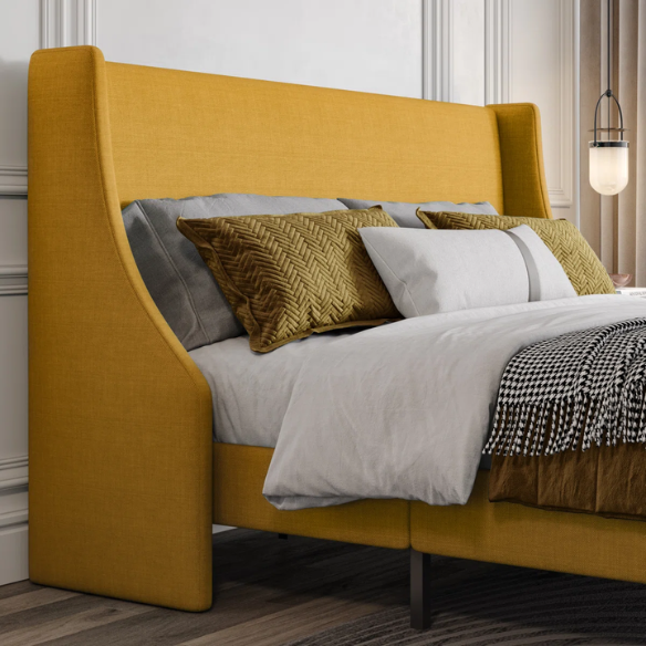 Modern Queen Size Upholstered Platform Bed with Deluxe Wingback and Linen Blend Fabric
