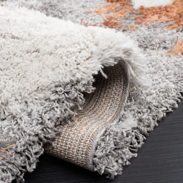 Plush Abstract Rust, Grey, and White Pattern Shag Rug