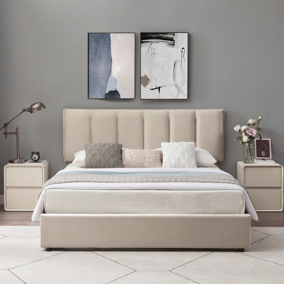 Velvet Upholstered Queen Size Platform Bed with Adjustable Headboard and 4 Storage Drawers