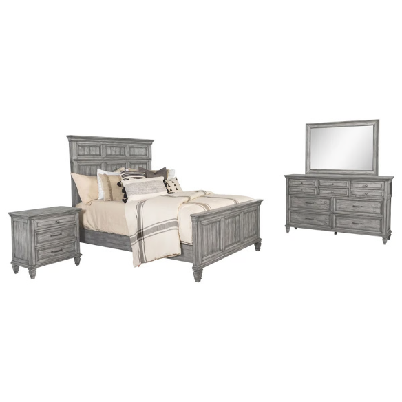 Exquisite Old-World Charm with Glamorous Flair – 5-Piece King Bedroom Set in Grey with Crown Molding, Felt-Lined Drawers, and Built-In Outlets