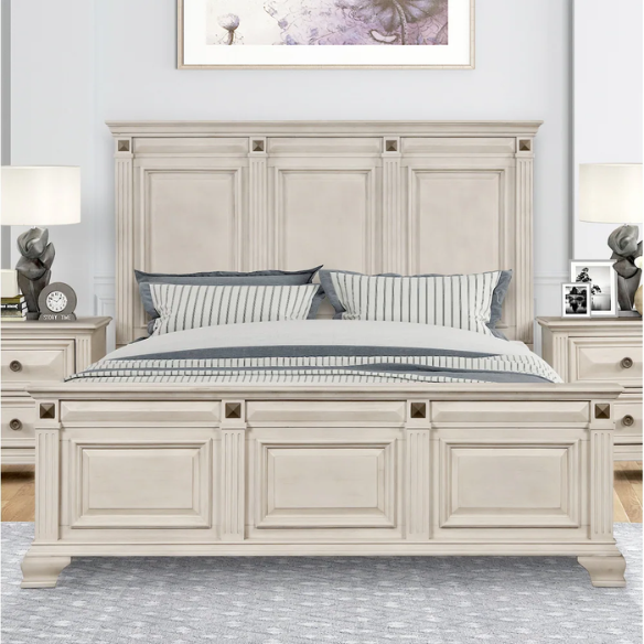 Distressed Parchment Wood Bedroom Set with Panel Bed, Dresser, Mirror, and Nightstand, Featuring Silver Accents and Fluted Pilasters
