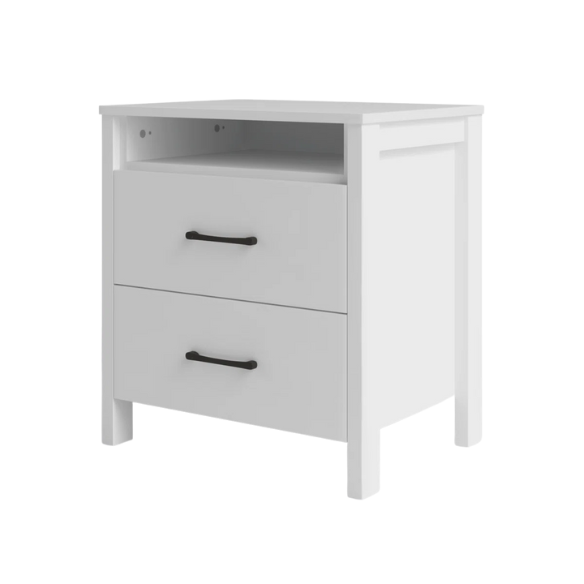 22.7" 2-Drawer Nightstand – Space-Saving Modern Minimalism, Engineered Wood with Clean-Lined Silhouette, Neutral Finish, Open Cubby & 2 Spacious Drawers for Bedroom Storage, Ideal for Tech & Accessories