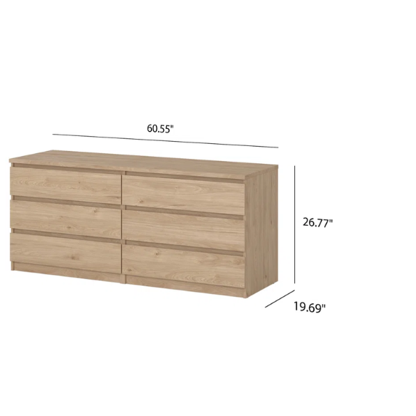 Versatile 60.5" 6-Drawer Double Dresser with Smooth Metal Glides and Clean-Lined Silhouette