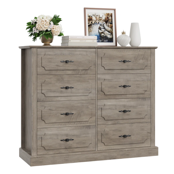 Classic Modern 8-Drawer Double Dresser with Picture Frame Paneling, Decorative Black Metal Handles, and French Country Style