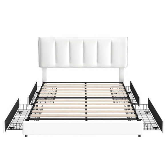 Velvet Upholstered Queen Size Platform Bed with Adjustable Headboard and 4 Storage Drawers