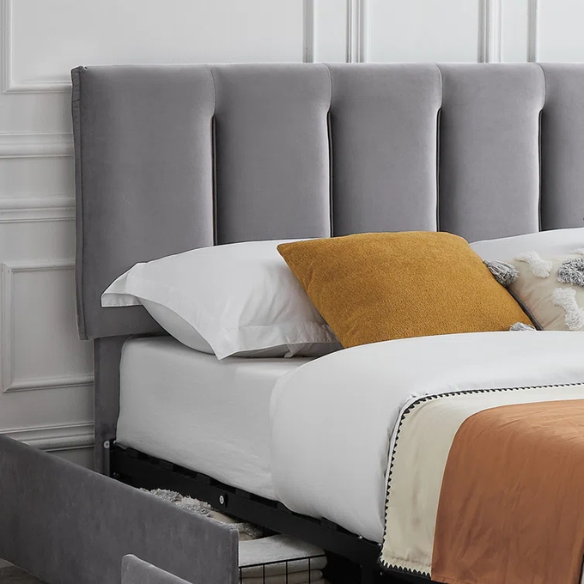 Velvet Upholstered Queen Size Platform Bed with Adjustable Headboard and 4 Storage Drawers